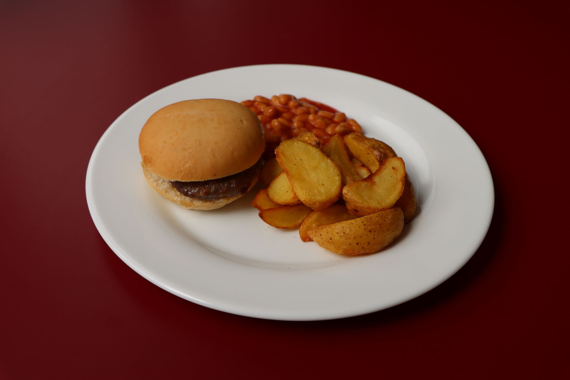 Dartmoor Beef Burger with Jacket Wedges and Baked Beans