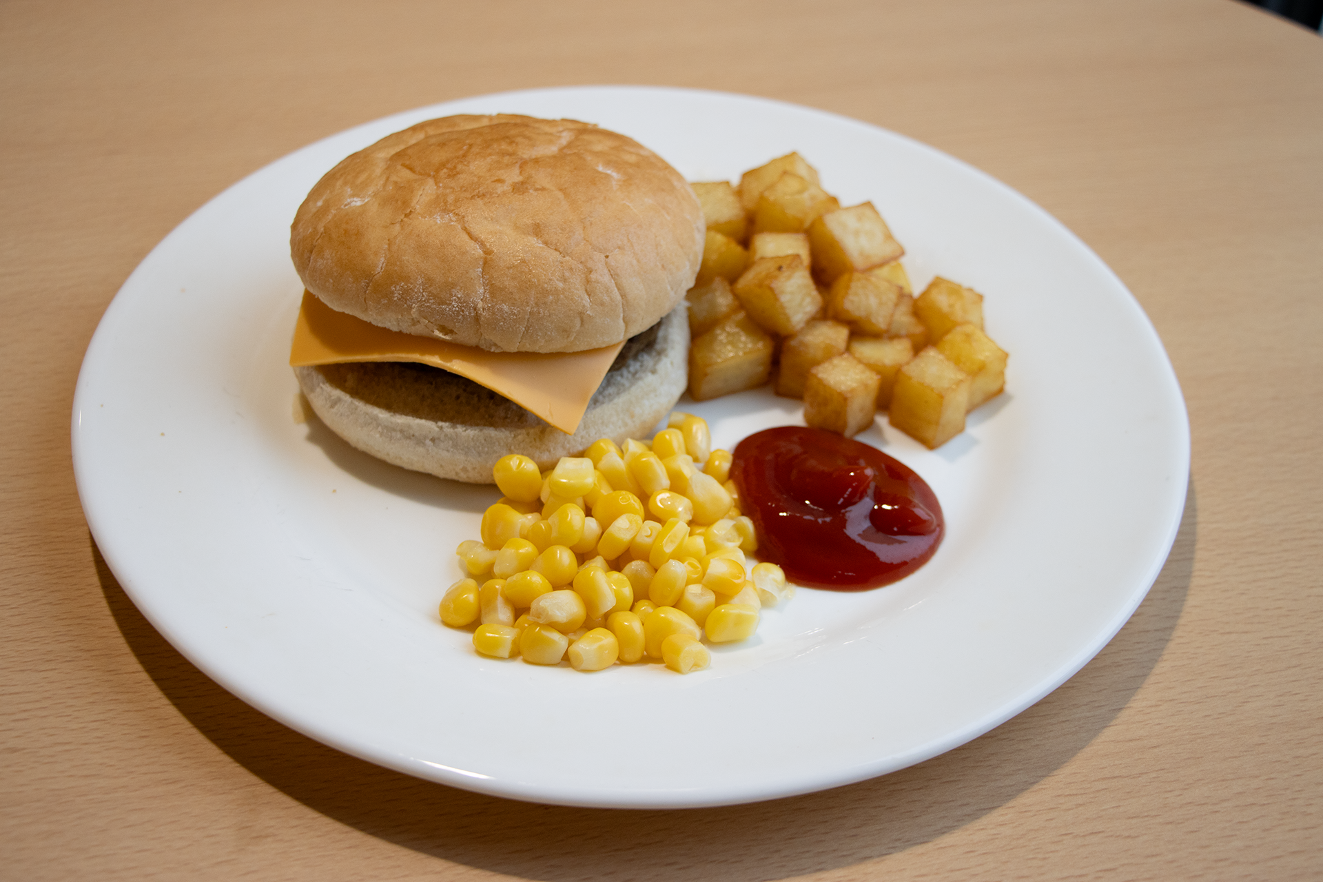 Dartmoor Beef Burger with Ketchup, Diced Potato and Sweetcorn
